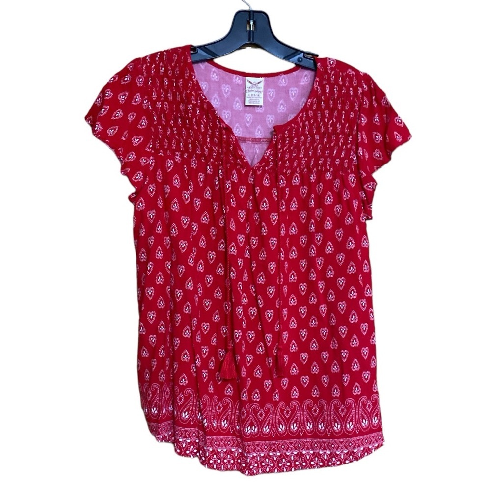 Faded Glory smocked flutter sleeve red white top L(12-14…